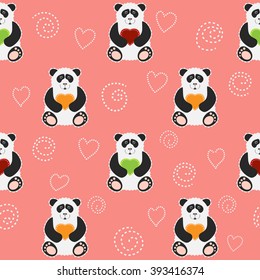 Seamless pattern with pandas with hearts in cartoon style