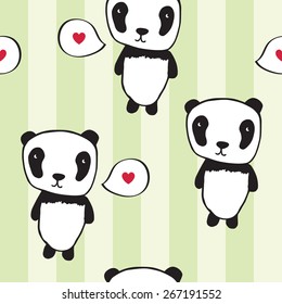 Seamless pattern with pandas and hearts. Light green striped background. Wrapping paper, cloth. Vector.