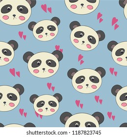 
Seamless pattern with pandas and hearts on a blue background