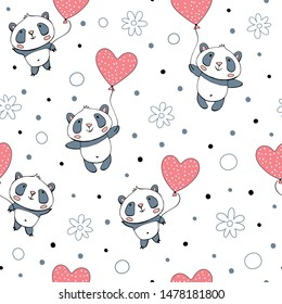 Seamless pattern with pandas and hearts on a white background