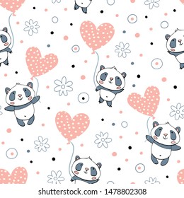 Seamless pattern with pandas and hearts on a white background