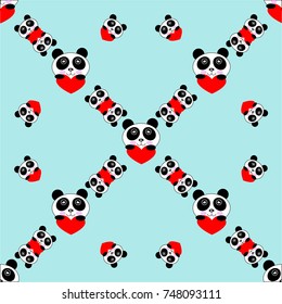 Seamless pattern with pandas and hearts in vector