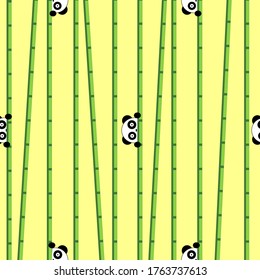 Ein nahtloses Muster mit Pandas, die sich in Bambus auf beigem Hintergrund verstecken.