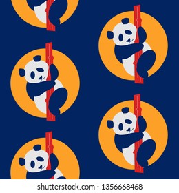 Seamless pattern with pandas on blue background. Vintage abstract seamless pattern with China. Textile design. Summer background. Textile ornament.  Summer print. Colorful Wallpaper.