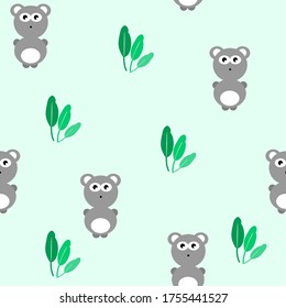 Seamless pattern with pandas on a green background with leaves. summer baby print