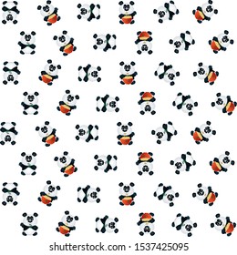 Seamless pattern with pandas on a white background. Cute black and white bears eat bamboo and noodles with chopsticks from a bowl. Cartoon vector wallpaper. Children's drawing on the fabric
