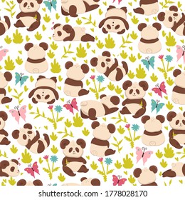 Seamless pattern with pandas on a white background. Vector graphics