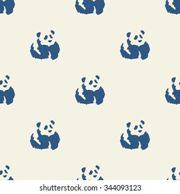 Seamless pattern with pandas painted by black ink in style chinese painting. Vector illustration.