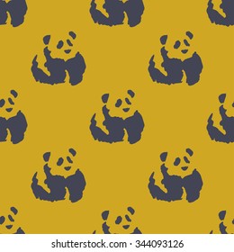 Seamless pattern with pandas painted by black ink in style chinese painting. Vector illustration.