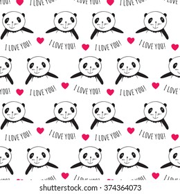 Seamless pattern with pandas and pink hearts. Wrapping paper for Valentine's Day, Mother's Day, Father's Day, birthday, wedding. Sketch, doodles, design elements. Hand drawing pandas. Vector.