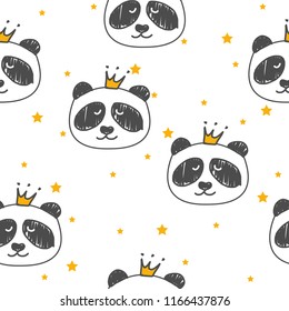 Seamless pattern with pandas princesses and stars. Children's cartoon background.
