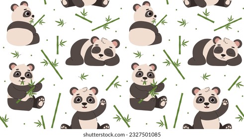 Seamless pattern with pandas. Repeating design element for printing on fabric. Asian animal with bamboo. Fauna and wild life. Biology and zoology. Cartoon flat vector illustration