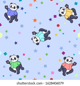 Seamless pattern with pandas and simple shapes. Vector illustration.