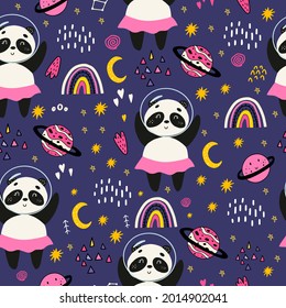 Seamless pattern with pandas in space. Cute pattern with bears for decorating children's clothes, fabrics, wallpapers. Panda girl in a skirt with planets, stars, rainbows. Doodle style.