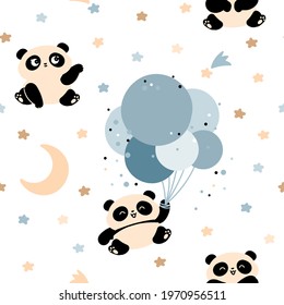 seamless pattern with pandas, stars and balls. Children's design for nursery, baby room