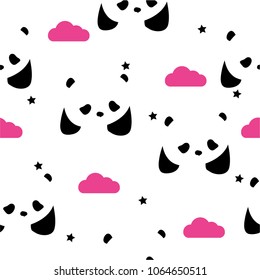 Seamless pattern with pandas, stars and clouds.