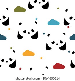 Seamless pattern with pandas, stars and clouds.