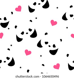Seamless pattern with pandas, stars and hearts.