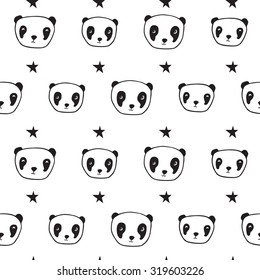 Seamless pattern with pandas and stars. Wrapping paper, cloth. Sketch, doodles, design elements. Hand drawing. Black and white. Vector.