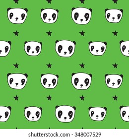 Seamless pattern with pandas and stars. Wrapping paper, cloth. Sketch, doodles, design elements. Hand drawing. Vector.