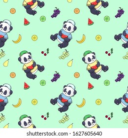 Seamless pattern with pandas and summer fruits. Vector illustration.