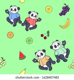 Seamless pattern with pandas and summer fruits. Vector illustration.