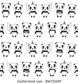 Seamless pattern with pandas. Wrapping paper, cloth. Sketch, doodles, design elements. Black and white. Hand drawn pandas for your design. Vector.
