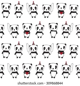 Seamless pattern with pandas. Wrapping paper, cloth. Sketch, doodles, design elements. Black and white. Hand drawn pandas for your design for Valentine's Day, mother's day, birthday. Vector