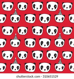 Seamless pattern with pandas. Wrapping paper, cloth. Sketch, doodles, design elements. Hand drawing. Black and white. Red background. Vector.