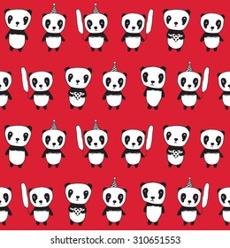 Seamless pattern with pandas. Wrapping paper, cloth. Sketch, doodles, design elements. Red background. Hand drawn pandas for your design for Valentine's Day, mother's day, birthday. Vector