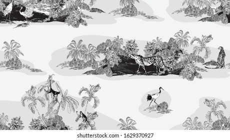 Seamless Pattern Panorama Landscape View Tropical Palms, Lithograph Drawing Of Exotic Animals Cheetah, Monkeys, Crane, Heron Birds In Trees, Black And White Toile On White Background, Textile Design