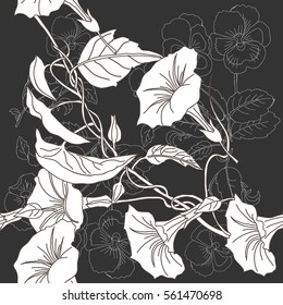 Seamless pattern with pansies and bindweed.Spring  Vector Illustration