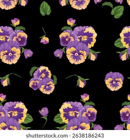 seamless pattern of pansies bouquets with purple and yellow flowers and buds on a black background.Isolated, close-up.The design element