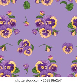 seamless pattern of pansies bouquets with purple and yellow flowers and buds on a purple background.Isolated, close-up.The design element