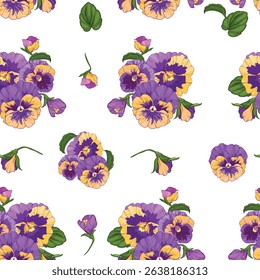 seamless pattern of pansies bouquets with purple and yellow flowers and buds on a white background.Isolated, close-up.The design element