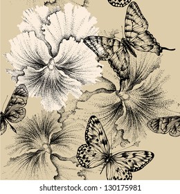 Seamless pattern with pansies and butterflies. Vector illustration.