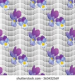  Seamless pattern with pansies on abstract lacy background. Vector illustration.