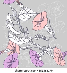 Seamless pattern with  pansies and pink bindweed