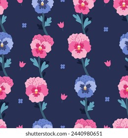 Seamless pattern of pansy flowers on a blue background. Vector graphics.