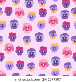 Seamless pattern with pansy flowers on a pale pink background. Vector graphics.