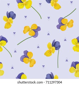 Seamless pattern pansy flowers on purple background. Vector set of floral for wedding invitations and greeting card design. 