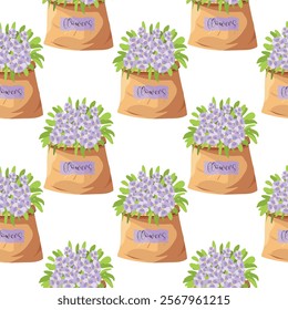 Seamless pattern, pansy flowers, in a paper bag, bouquet, for fabric, packaging. Vector.