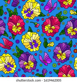 Seamless pattern with pansys and butterflies, bright flowers on a blue background