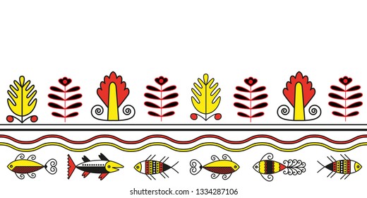 Seamless pattern of pant and fish folk naive ornament