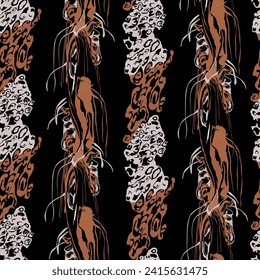 Seamless pattern of panther and curls. Elegant pattern for fabric on Black background.