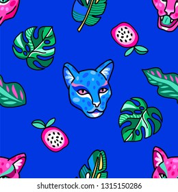 Seamless pattern. Panthers in the jungle among exotic plants and fruits. Night in the jungle. Summer illustration.