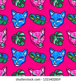 Seamless pattern. Panthers in the jungle among exotic plants and fruits. Summer illustration.