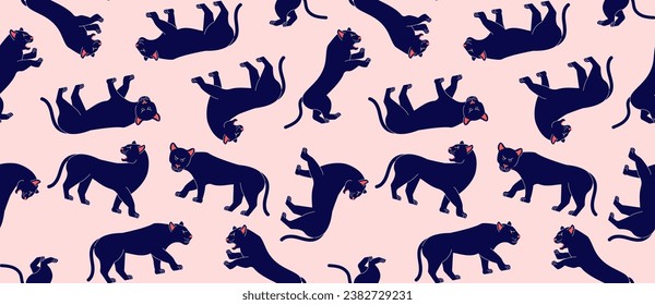 Seamless pattern with panthers on a pink background. Vector abstract background with big cats. African animals.