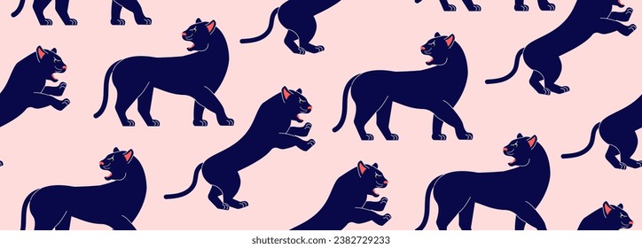 Patrón sin foco con panteras en un fondo rosado. Fondo abstracto vectorial con grandes gatos. Animales africanos.