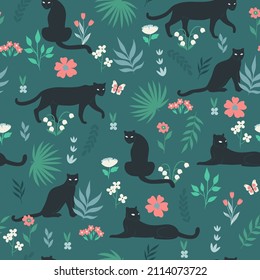 Seamless pattern with panthers and tropical plants. Vector graphics.